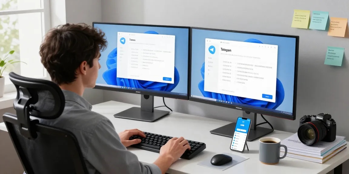 Switching Telegram Chinese Version in a sleek tech workspace with dual monitors.