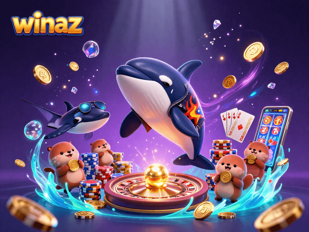 Winaz showcases a vibrant underwater casino scene with playful characters celebrating big wins.