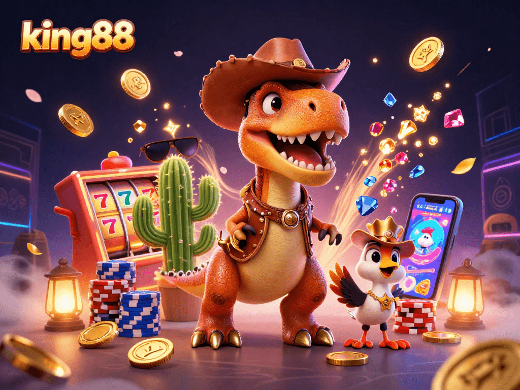 Experience exciting gameplay with king88 illustrations featuring slots, poker chips, and vibrant characters.