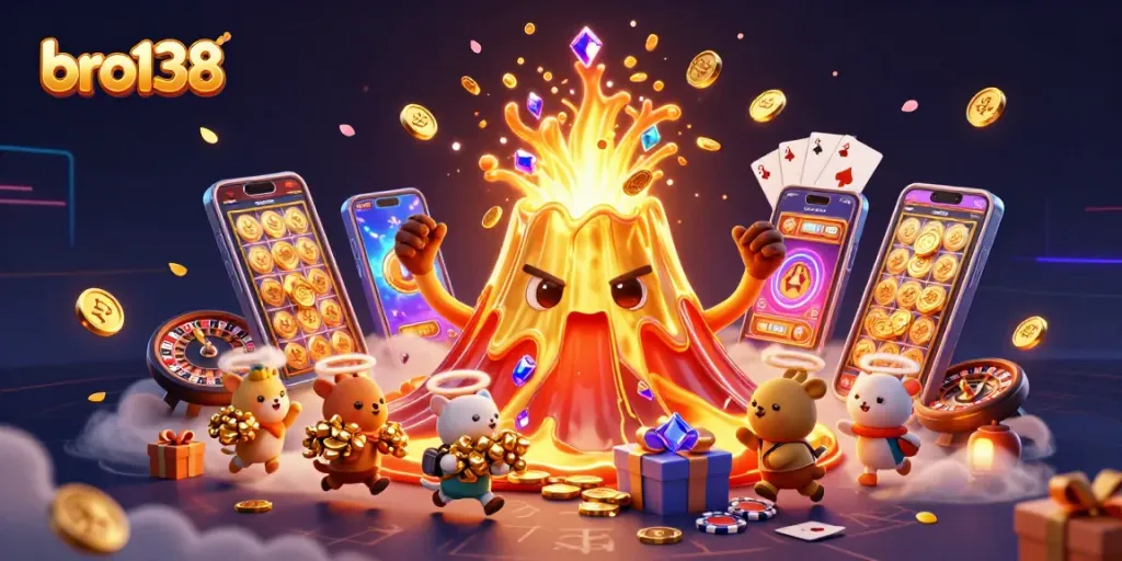 Experience the thrill of bro138 as golden treasures erupt from a magical volcano in a vibrant casino landscape.