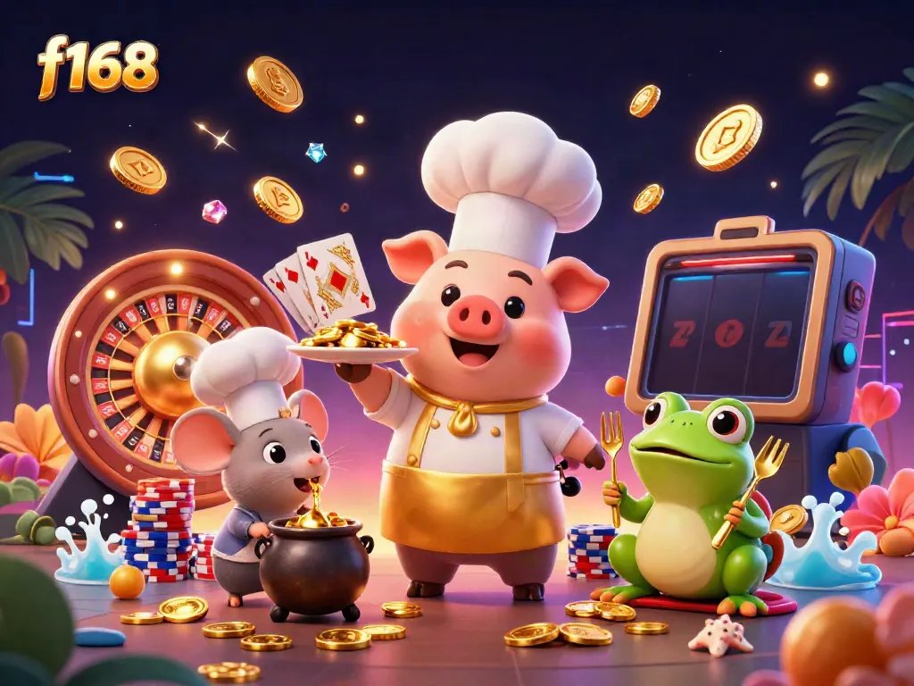 Experience the excitement of gambling with f168, featuring a vibrant 3D scene that includes coins, casino elements, and a chef character.