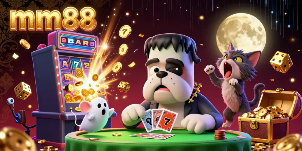 Engage with thrilling mm88 casino action featuring a cartoon bulldog dealer, ghost mouse, and werewolf kitten.
