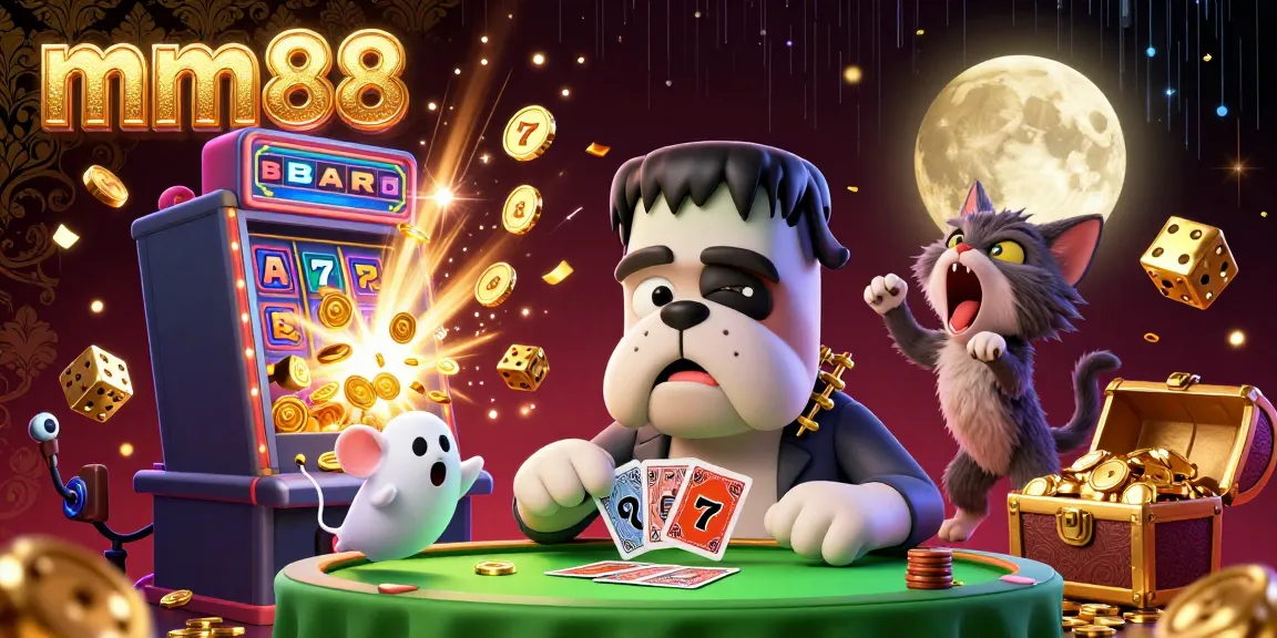 Engage with thrilling mm88 casino action featuring a cartoon bulldog dealer, ghost mouse, and werewolf kitten.