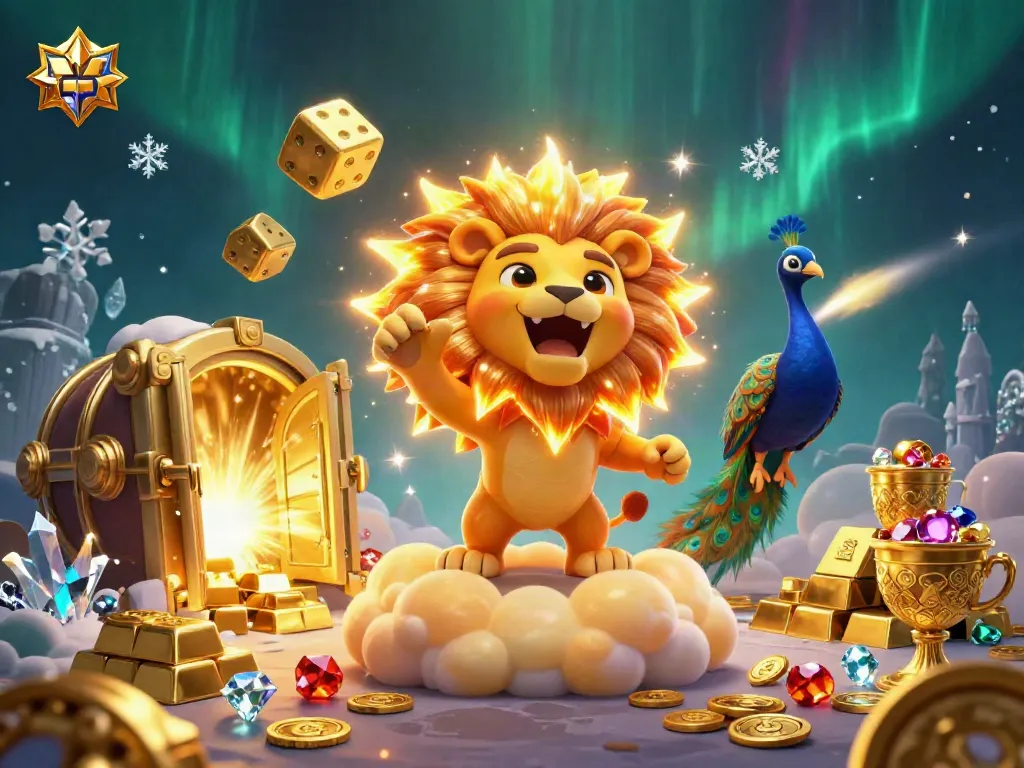 Experience the excitement of Vegas with a roaring lion, golden dice, and treasure elements.