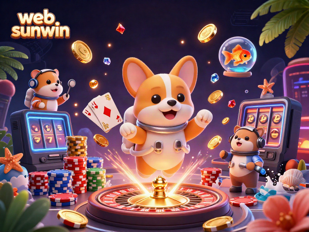 Engage in thrilling gameplay at web sunwin with a vibrant scene of a floating casino and playful characters.