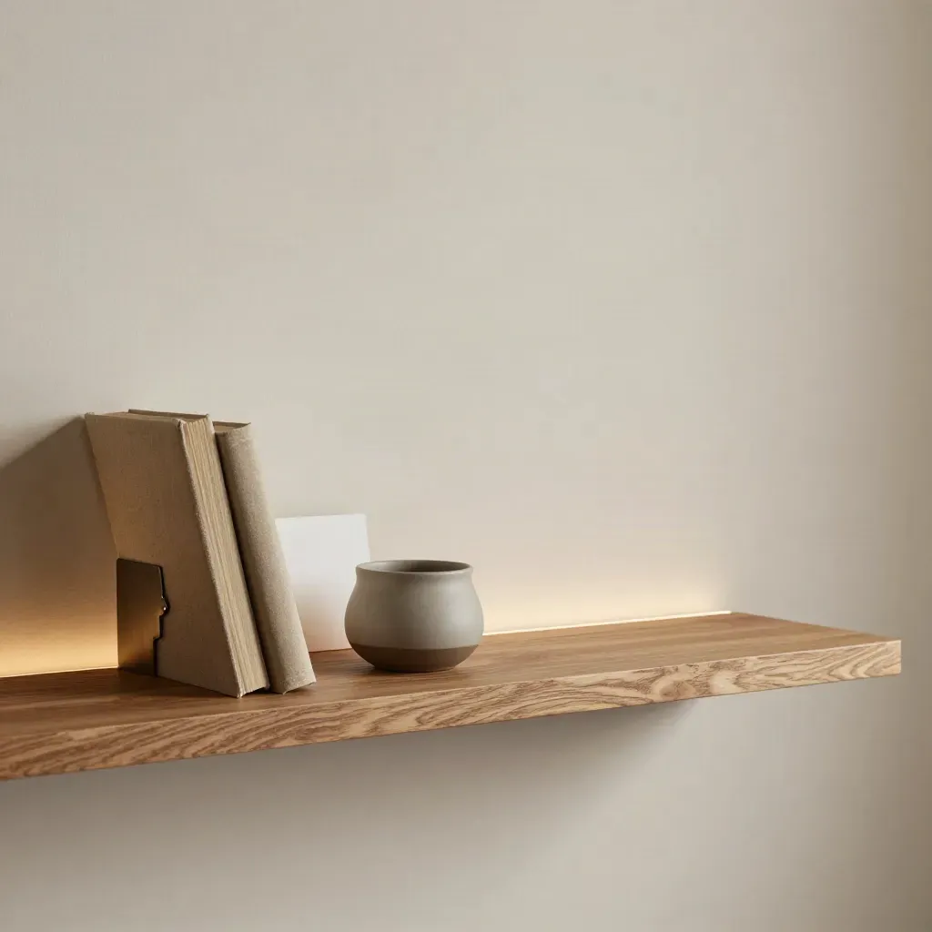 Oaken wandplank met twee boeken, keramieken pot en metalen drager tegen zachte pleisterwand.