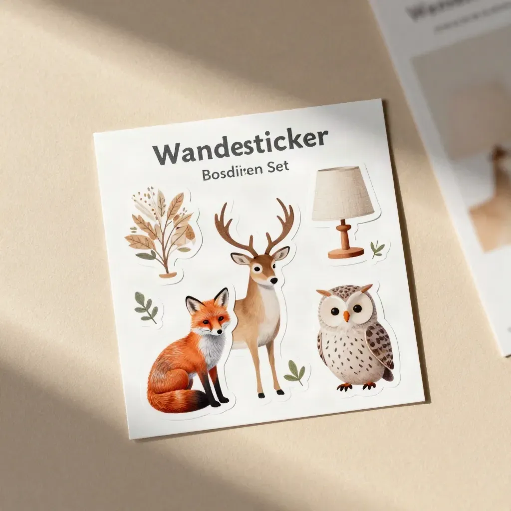 Flatlay van bosdieren-stickers met houten nachtlampje op warme zandkleurige ondergrond.