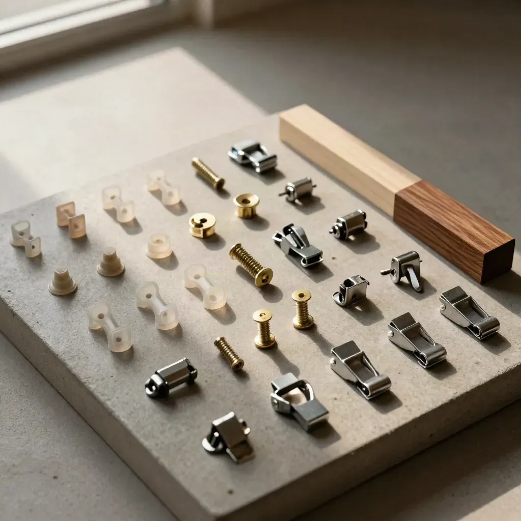 Montageset met pluggen, schroeven, klemmen en houten proefblok in een strakke flatlay.