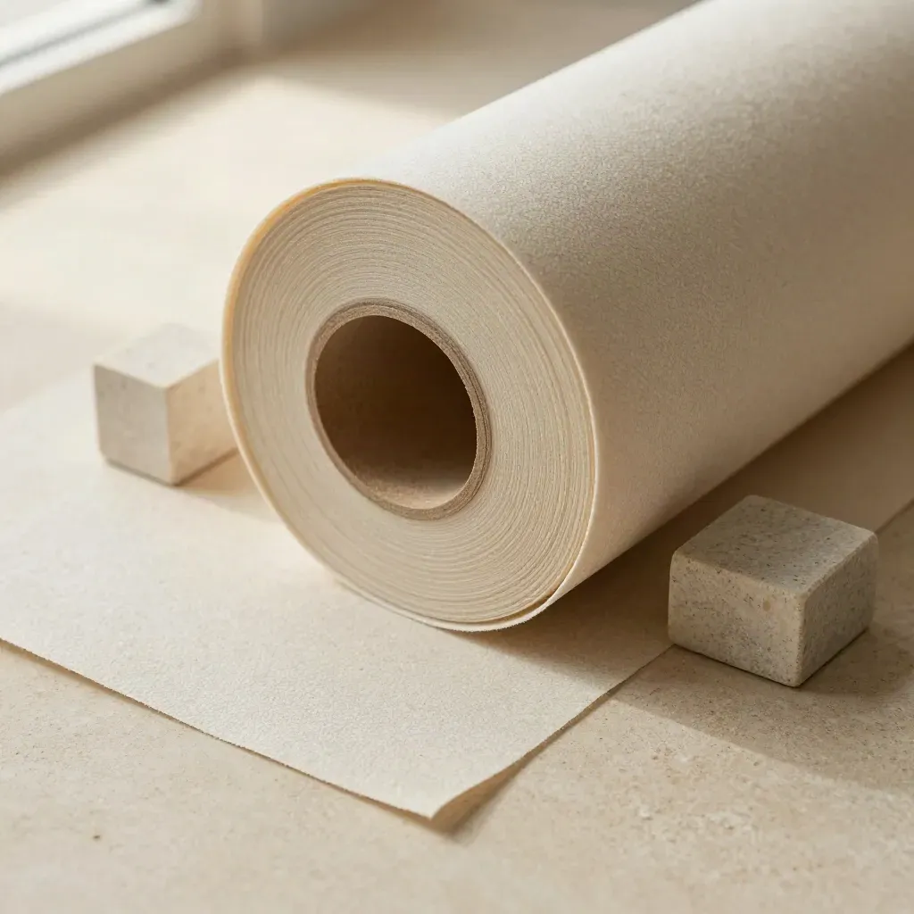Opgerolde zacht beige vliesbehangrol met loskomende baan en travertin blokje, van boven gefotografeerd