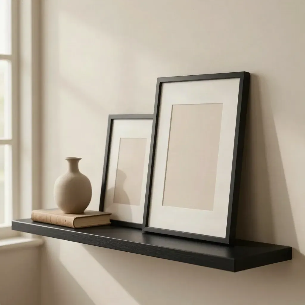 Zwarte fotolijstplank met twee lege lijsten, vaas en boek tegen een lichte wand.