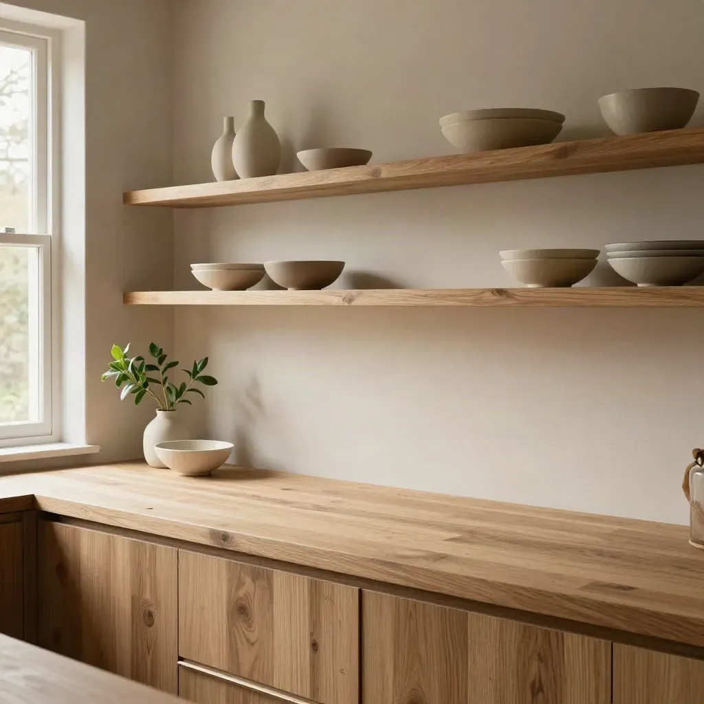Rustige woonkeuken met zwevende planken, keramiek, plant en zachte ochtendzon.
