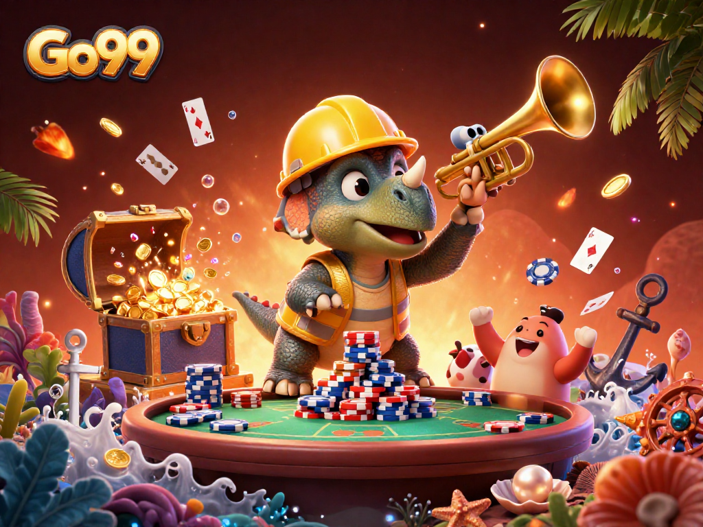 Join the celebration at Go99’s casino with a triceratops and friends stacking poker chips!