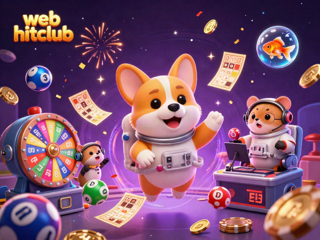 Experience the thrills of web hitclub with a 3D corgi astronaut amidst floating casino elements.
