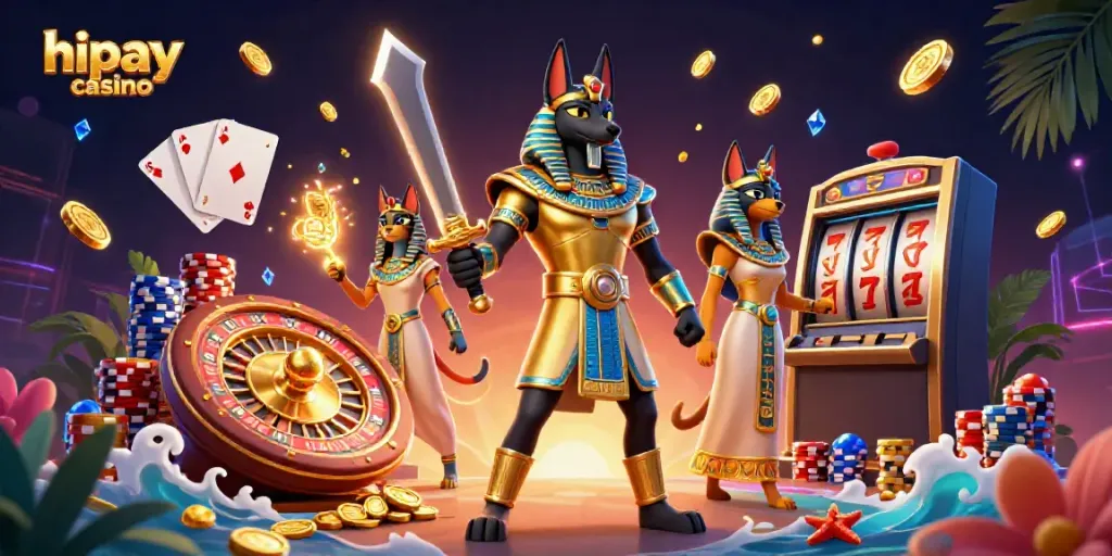 Experience thrilling gameplay at hipay casino with ancient Egyptian warrior Anubis and Bastet amidst vibrant casino elements.