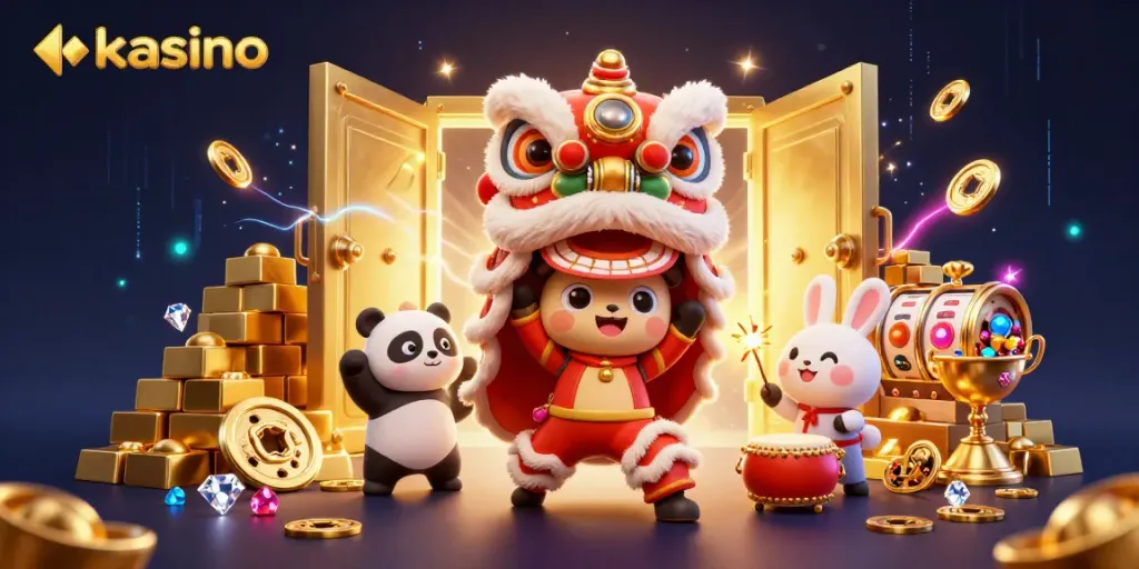 Experience vibrant gaming energy with kaasino's 3D animation featuring a lion dance, treasures, and slot elements.