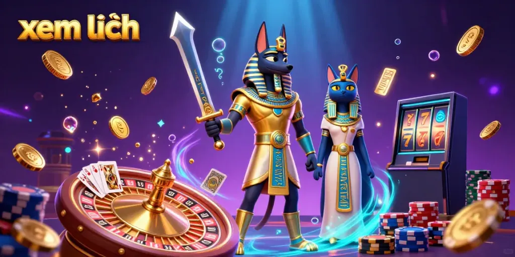 "xem thêm" showcasing Anubis and Bastet amid cascading coins in a vibrant casino.
