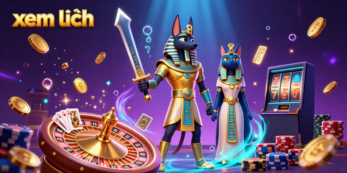 "xem thêm" showcasing Anubis and Bastet amid cascading coins in a vibrant casino.