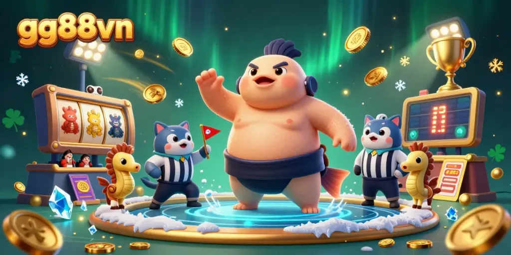 Engage with gg88vn's dynamic underwater casino scene featuring a blowfish and a catfish referee.