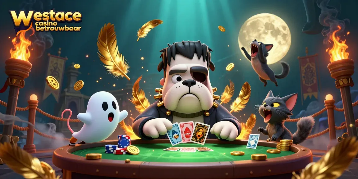 Speel veilig bij WestAce casino betrouwbaar met deze kleurrijke illustratie van een Frankenstein bulldog en een weerwolf kitten.