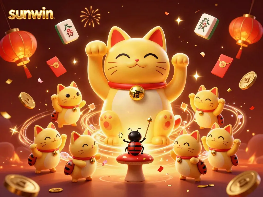 Experience excitement with sunwin's lucky cat illustration, radiating casino symbols amidst festive elements.
