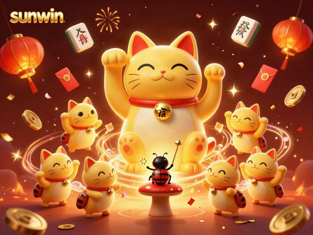 Experience excitement with sunwin's lucky cat illustration, radiating casino symbols amidst festive elements.