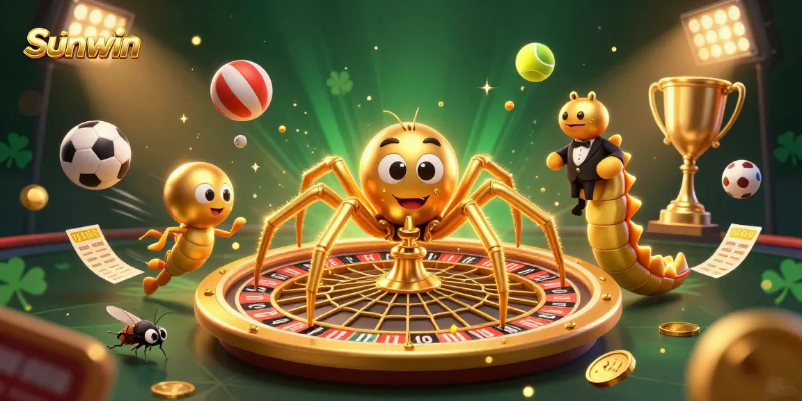 Experience thrilling bets at Sunwin with a golden spider and lively sports elements in this vibrant illustration.