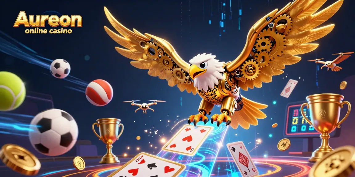 Aureon online casino presents a vibrant scene with a cybernetic golden eagle and sports elements flying dynamically in a thrilling illustration.