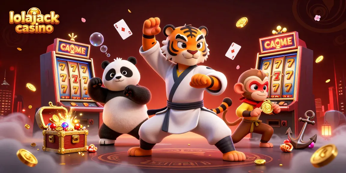 Experience thrilling gaming at lolajack casino with a vibrant, action-packed illustration featuring iconic casino elements.