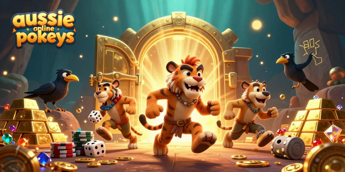 Experience the thrill of aussie online pokies in a vibrant prehistoric casino scene with 3D characters and treasure elements.